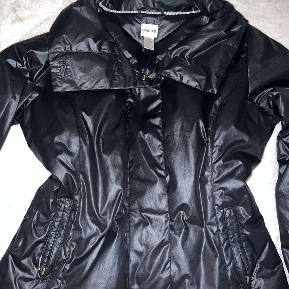 Chico's Black Puffer Jacket with High Collar and Fitted Silhouette